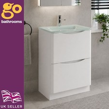 White 600mm Floor Standing Vanity Unit with Glass Basin Bathroom Cabinet