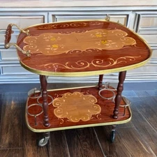 Vintage Italian Marquetry & Brass Drop Leaf Tea/Bar Cart