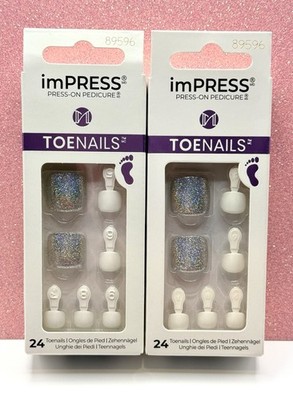 Kiss ImPRESS Press-On Pedicure Toe Nails White Holographic 89596 Lot Of 2