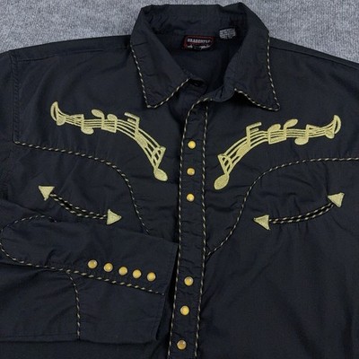 VTG Dragonfly Pearl Snap Shirt Mens 2XL Black Gold Embroidered Musical Notes
