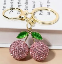 Pink Rhinestone Cherry Purse Bag Charm Keychain Gold Tone w/ Velvet Dustbag