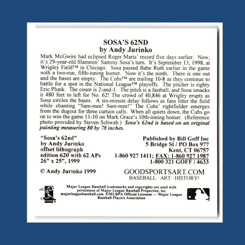 Sammy Sosa 62nd HR 1998 Chicago Cubs Andy Jurinko Art Bill Goff MLB Postcard - Image 2 of 2