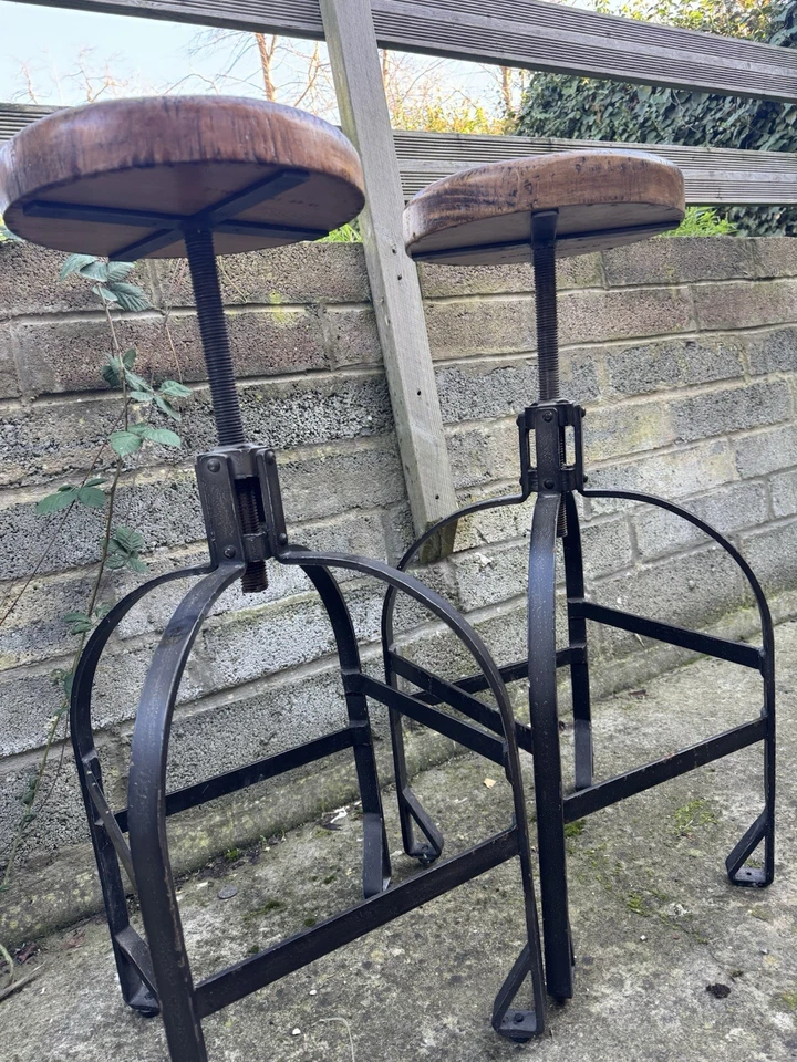 Industrial solid  wood and metal bar stool x2  - Image 3 of 4
