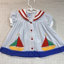 Vintage 80s Youngland Baby Girls Nautical Striped Sailor Collared Dress