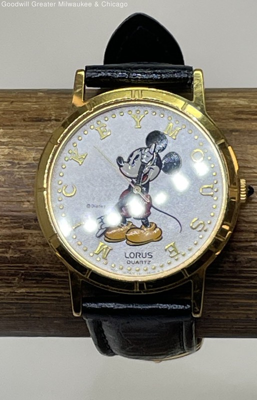 Lorus Quartz Gold Tone Black Band Mickey Mouse Watch 21.2g