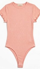 Altar'd State Bodysuit Womens Medium Pink Ribbed Ruched Sleeve Sweetheart Neck