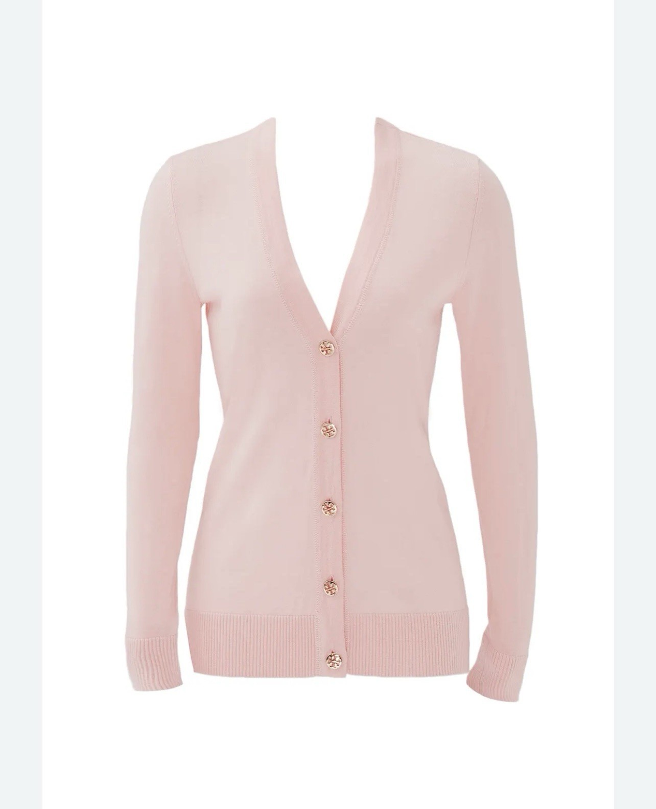 Tory Burch Simone Cardigan XS Wool Baby Pink Gold Logo Buttons Luxury Preppy