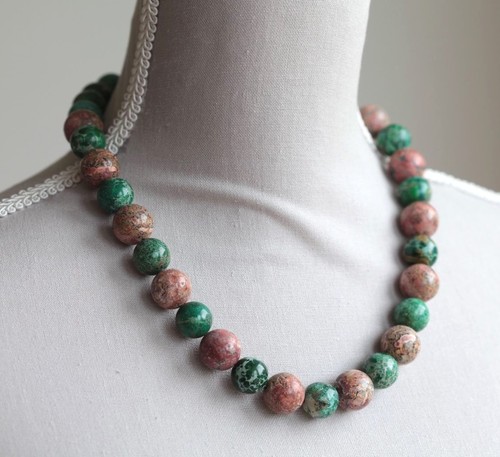 GREEN & BROWN PICTURE JASPER CHUNKY NECKLACE 20" - Picture 5 of 5