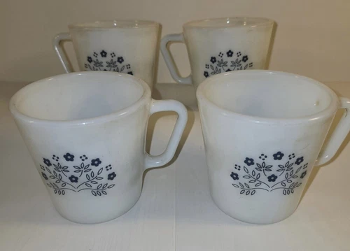 Vintage Pyrex Glass Blue Flower Coffee Cups / Mugs No Chips Lot Of 4