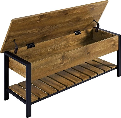Storage Bench Box Shelf Shoe Rack Entryway Mudroom Barnwood Brown Metal Legs - Picture 6 of 12