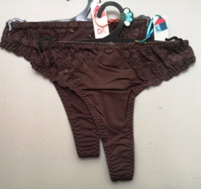 Neu 2er Set braune hoch geschnittene & Bein Spitze seitliche Tangas Größen 10/12s (M) 14/16 (L)