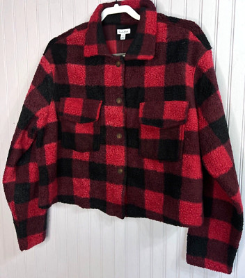 Love, Fire Women FLEECE JACKET  1X Red Black Checked Fleece Jacket Outdoor NEW
