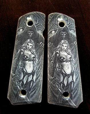 1911 Full Size custom engraved imitation ivory grips Grim Reaper Lady Death