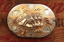 Vintage Western Flair Hand Made 3 Horse Heads Cowboy Cowgirl Western Belt Buckle