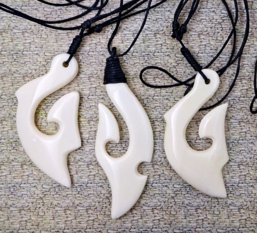 3 Large Bali Fish Hook Pendants Hand Carving - Picture 2 of 2
