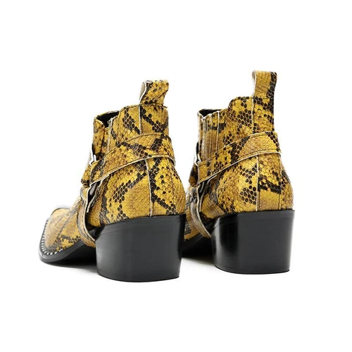 Men High Heel Rivets Snakeskin Pattern Serpentine Leather Metal Toe Ankle Boots - Picture 18 of 22