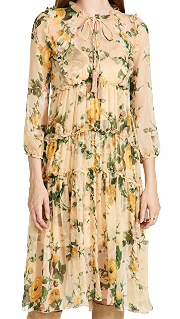OPT Selena Dress Beige Floral Chiffon Sheer Midi Dress