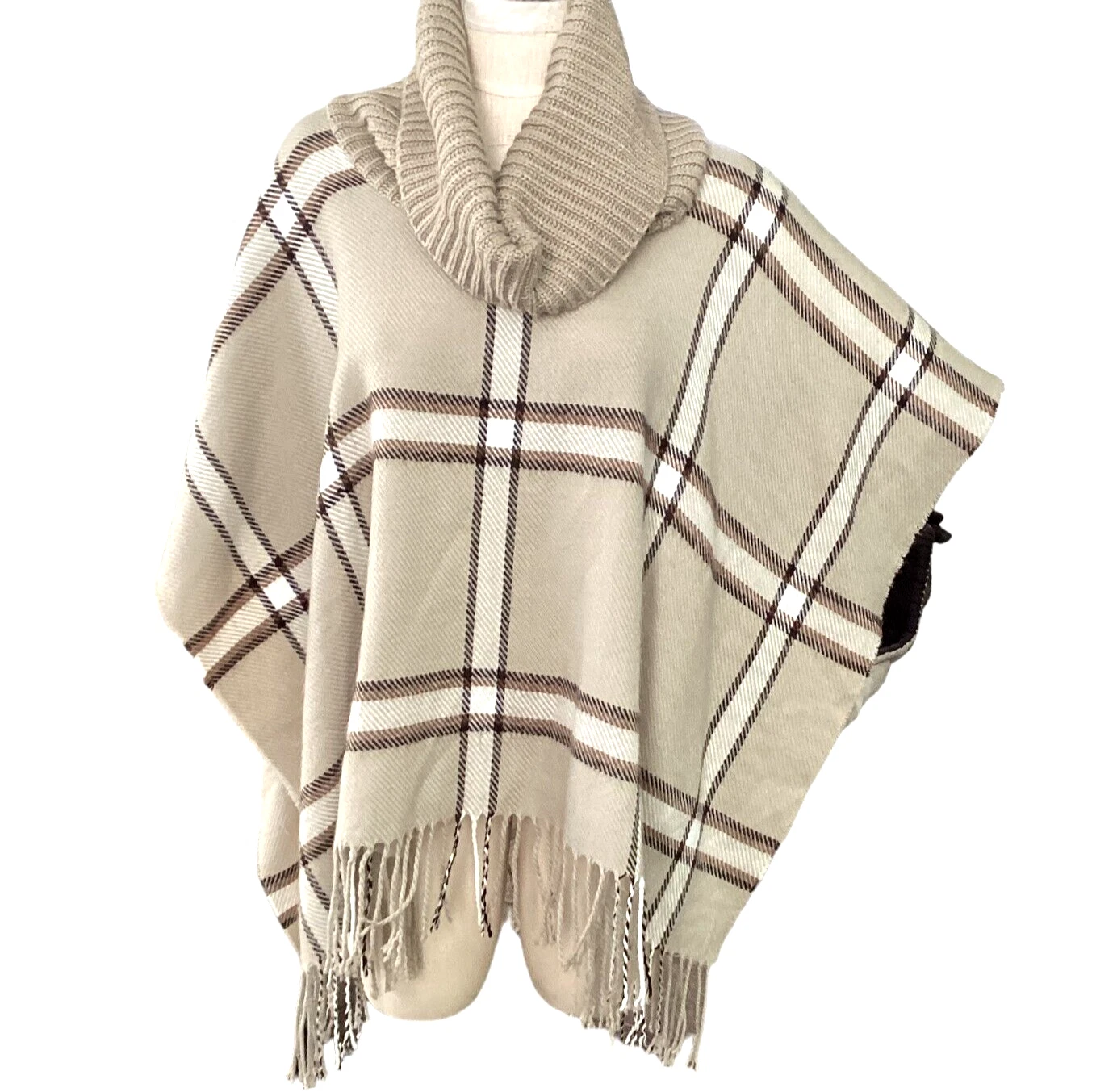 Apt.9 Beige Plaid Cowl Neck Poncho One Size Fits All #219C
