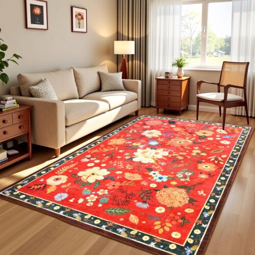 5x7 Washable Floral Rug, Vibrant Flower Pattern Boho Rugs for Bedroom, Low Pi...