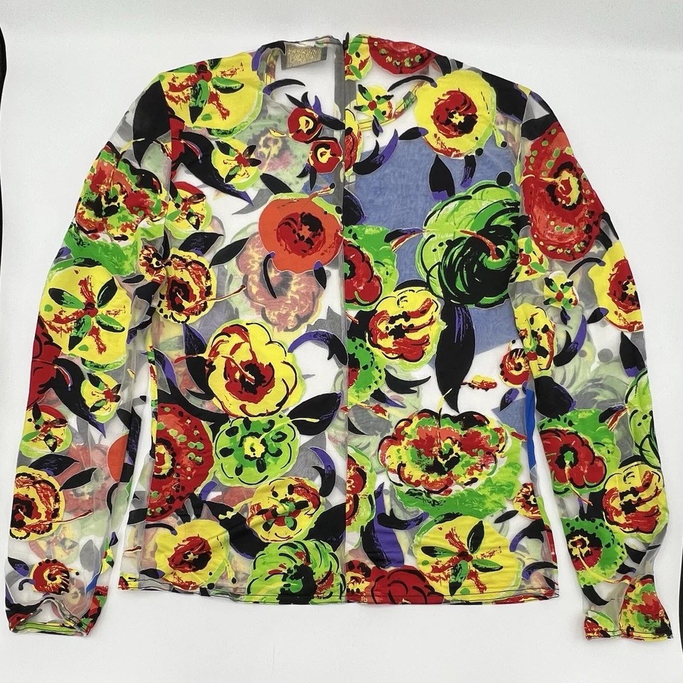 Top de tul con estampado abstracto floral arte pop transparente pasarela Gianni Versace 1997, talla 8/M Foto 3 de 4