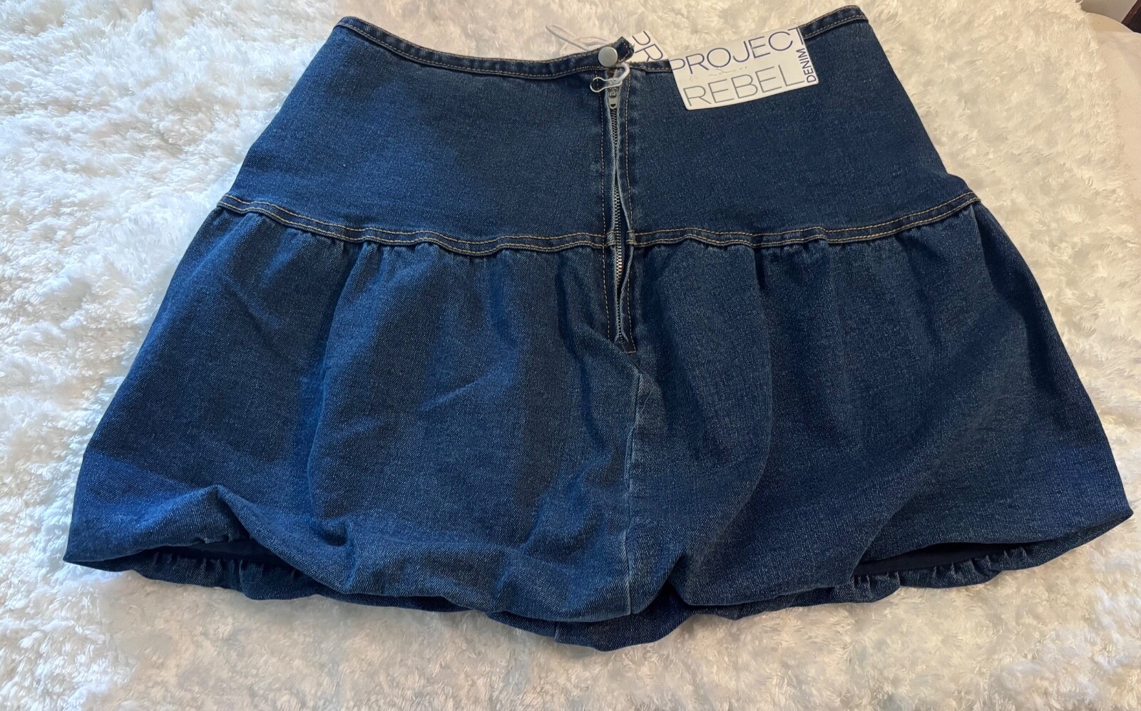 Rebel Project Bubble Hem Denim Mini Skirt Size L with Front Zip and Snap Closure