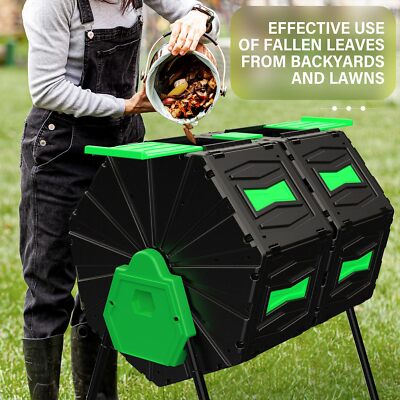 45Gal Large Outdoor Composter Dual Chambers Composting Tumbler Bin 360° Rotation