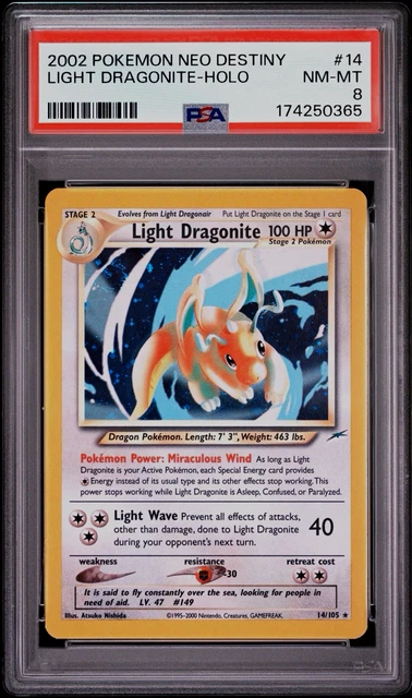 Pokémon Light Dragonite 14/105 Neo Destiny Holo Rare - PSA 8 NEW CERT HUGE SWIRL