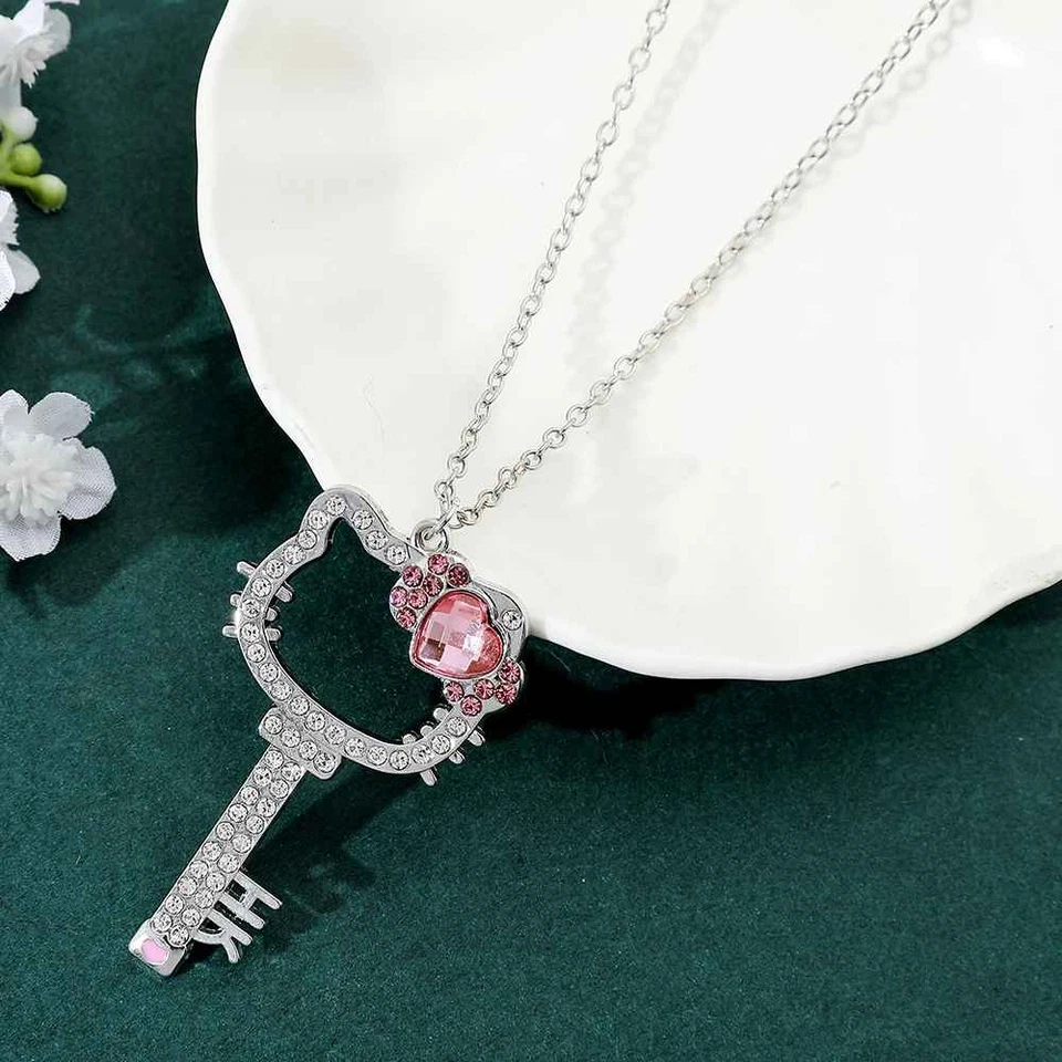 Collar Hello Kitty Rosa Melocotón Corazón Cristal Gato Colgante Joya Foto 4 de 4