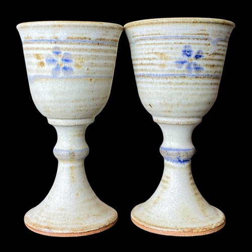 Studio Art Pottery Goblets Renaissance Chalices Stoneware White Blue Signed 2 - Picture 6 of 12