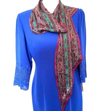 ANNE KLEIN Long Rectangle Scarf 70" x 11" Royal Tones Floral Burgundy Signed 