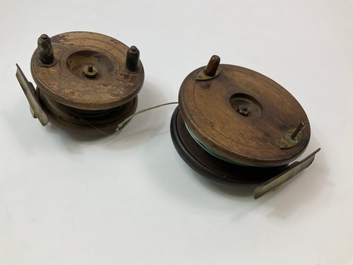2x Vintage Wooden Centrepin Fishing Reels - Set Brass Fittings-Fishing Equipment - Picture 3 of 21