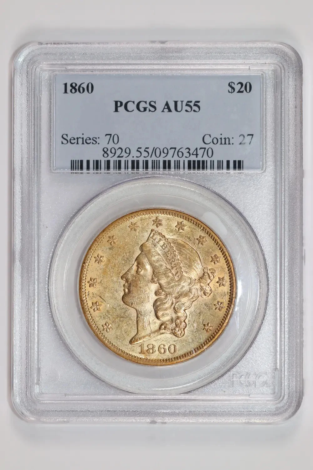 1860 $20 GOLD LIBERTY DOUBLE EAGLE PCGS AU55