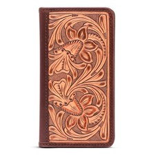 Full-Grain Buffalo Leather Floral Tooled Long Bifold Wallet - Sleek RFID-Bloc...