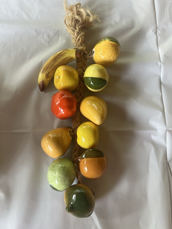 Vintage Ceramic Hanging Rope Full Of Colorful Fruit MCM nostalgic "kitsch"