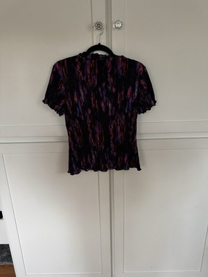 Halogen Womens Size Small Black Pink Purple Short Sleeve Lettuce Edge Blouse