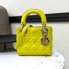 Christian Dior Lady Dior Bag Mini Cannage Quilt Yellow Top Handle Bag