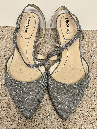 LifeStride Womens Silver Glitter Strappy Pointed Toe Slingback Heels 11 W