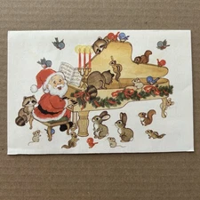 Vintage Christmas Card Santa Playing Piano With Woodland Creatures Plus Mark 