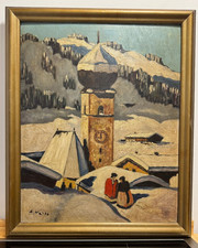 Quadro antico dipinto olio su tela eredità montagna paesaggio alpino n.2