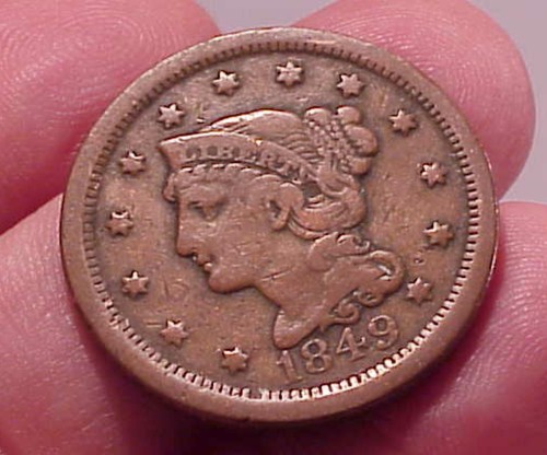 1849 1c Braided Hair AS FOUND Large One Cent US Type Coin Philadelphia