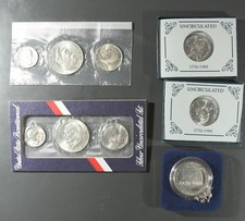 SILVER COMMEM LOT: 2x BICENTENNIAL 3-COIN SET, 1987-S $1 PROOF, 2x 1982 50 CENTS