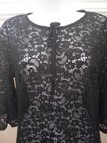 Ladies Black Lace Top/Tunic Uk 12 Fluted Sleeve See Through/ Unlined Simply Be - Picture 5 of 18