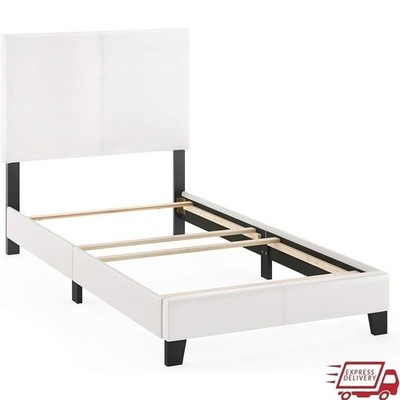 Twin PU Leather Platform Bed Upholstered Headboard Easy Assembly No Box Spring