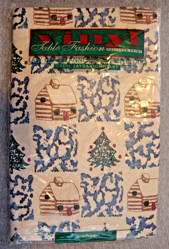 2 Christmas Tablecloths 70" Round Cecil Saydah Vinyl Holiday Cabin & Red Fabric - Picture 3 of 14