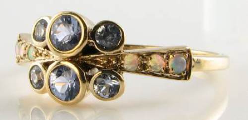 9K 9CT GOLD CEYLON SAPPHIRE OPAL ART DECO INS ETERNITY RING FREE SIZE L to Q 1/2 - Picture 4 of 5