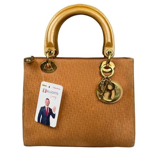 Christian Dior Lady Monogram Suede Tan Golden Handle Enamel Leather Top Handle