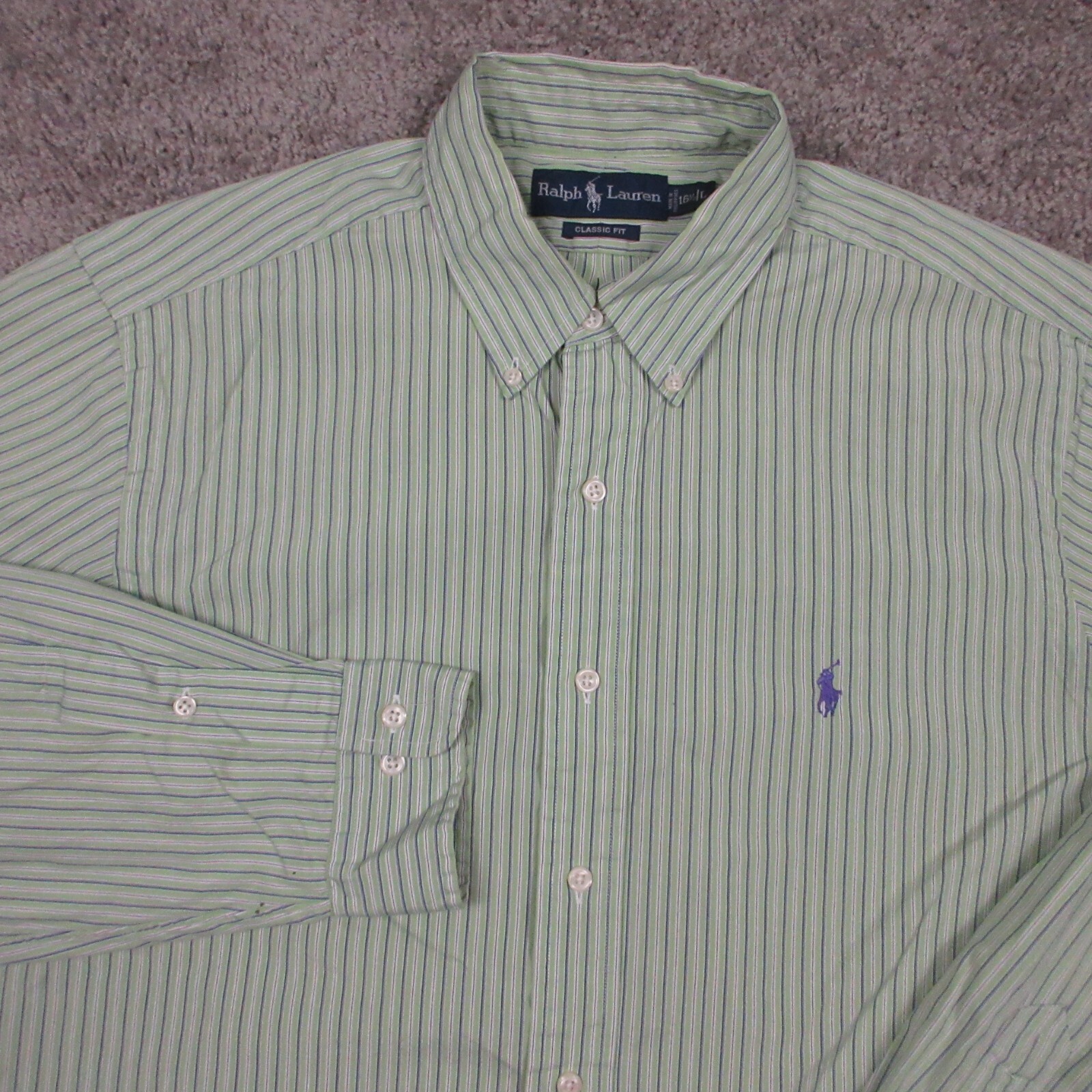 Ralph Lauren camicia uomo grande verde a righe con bottoni viola pony classica