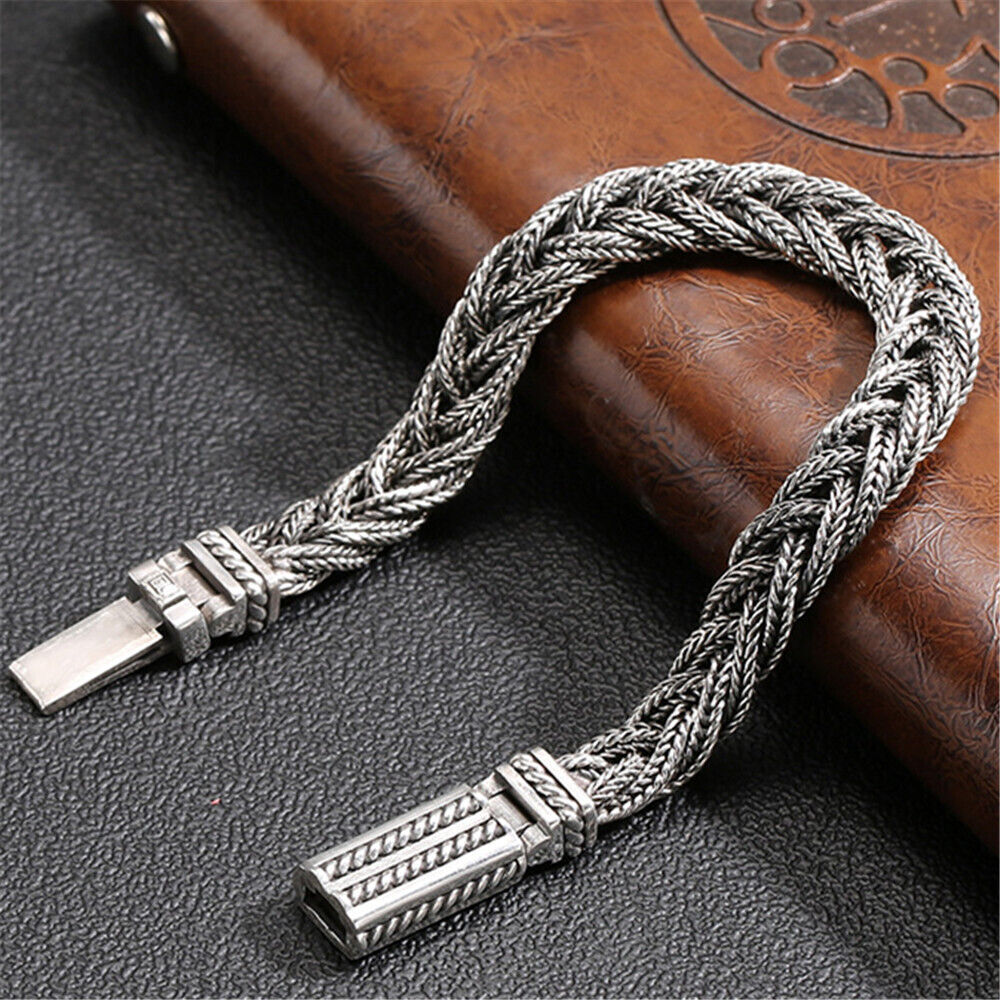 Real S925 Sterling Silver Bracelet Women Men Vintage Wider Bradiad