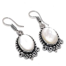 Mother Of Pearl Gemstone Handmade 925 Sterling Silver Jewelry Earring Size 1.5"