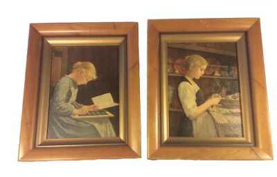 Vintage ALBERT ANKER Prairie Girl Peeling Apples School Framed Art Set Of 2